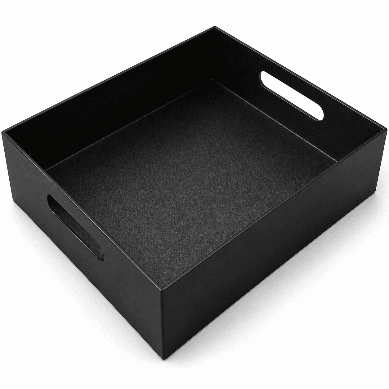 Black fabricated sheet metal tray with formed sides and handle slots